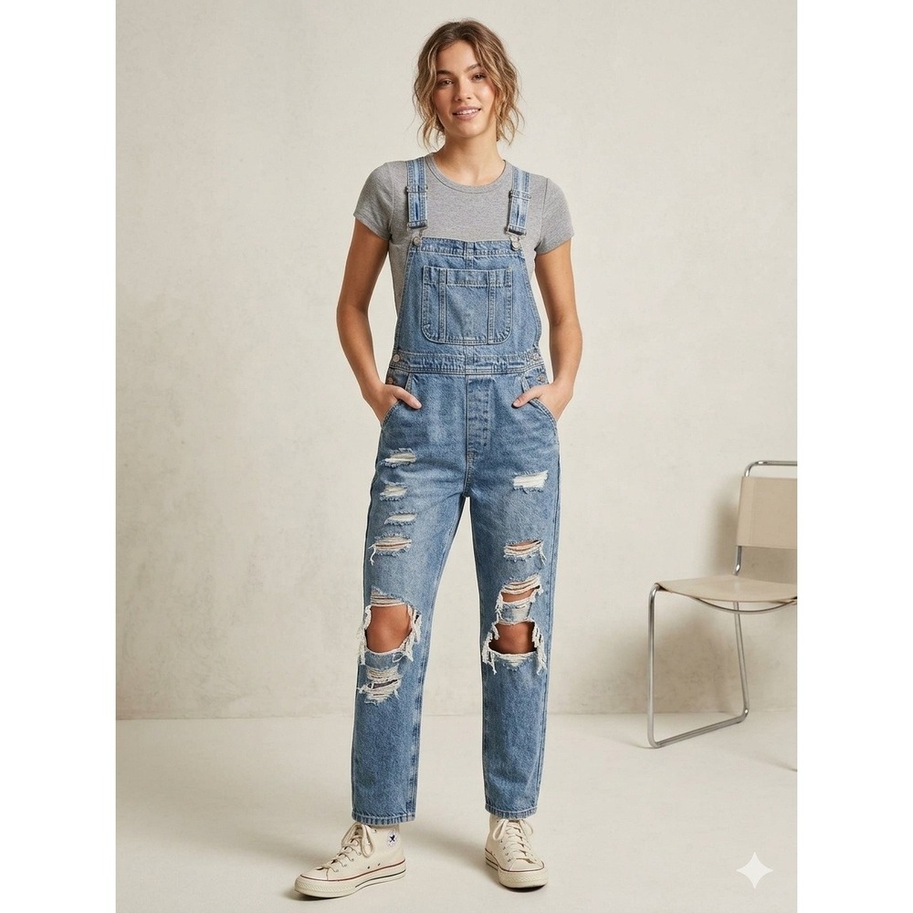 Refuge Denim Distressed Overalls Medium Wash Blue Ripped Bib Dungarees Size M
